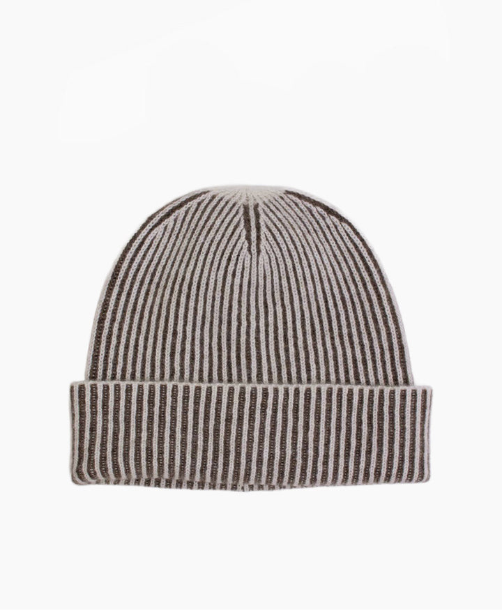 Gerippte Mütze / Beanie aus Kaschmir - Braun gestreift