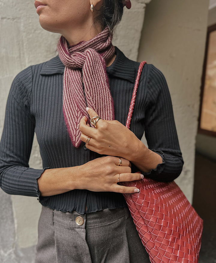 Kleiner Gestrickter Schal / Foulard aus Kaschmir - Dunkelrot / Beige gestreift