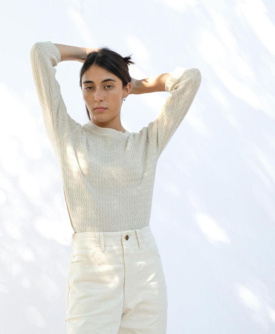 Feinstrick Top - Ripple Knit Tee Cream - Micaela Greg - clomes
