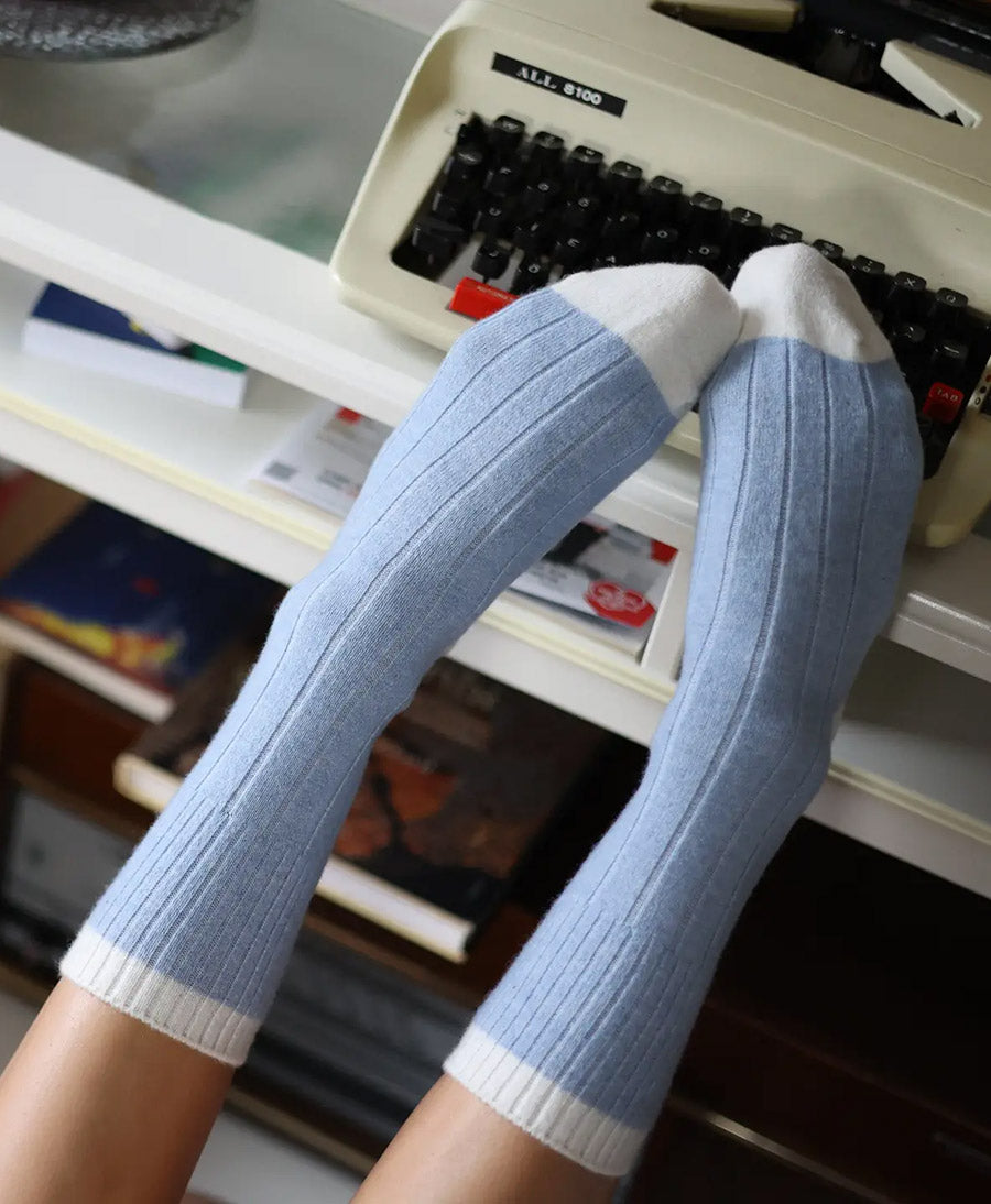 Socken Merinowolle mit Streifen - Hellblau / Creme