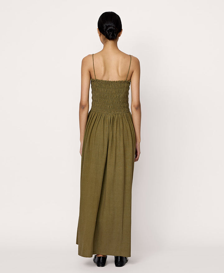 Langes Kleid aus Seide - Olivgrün