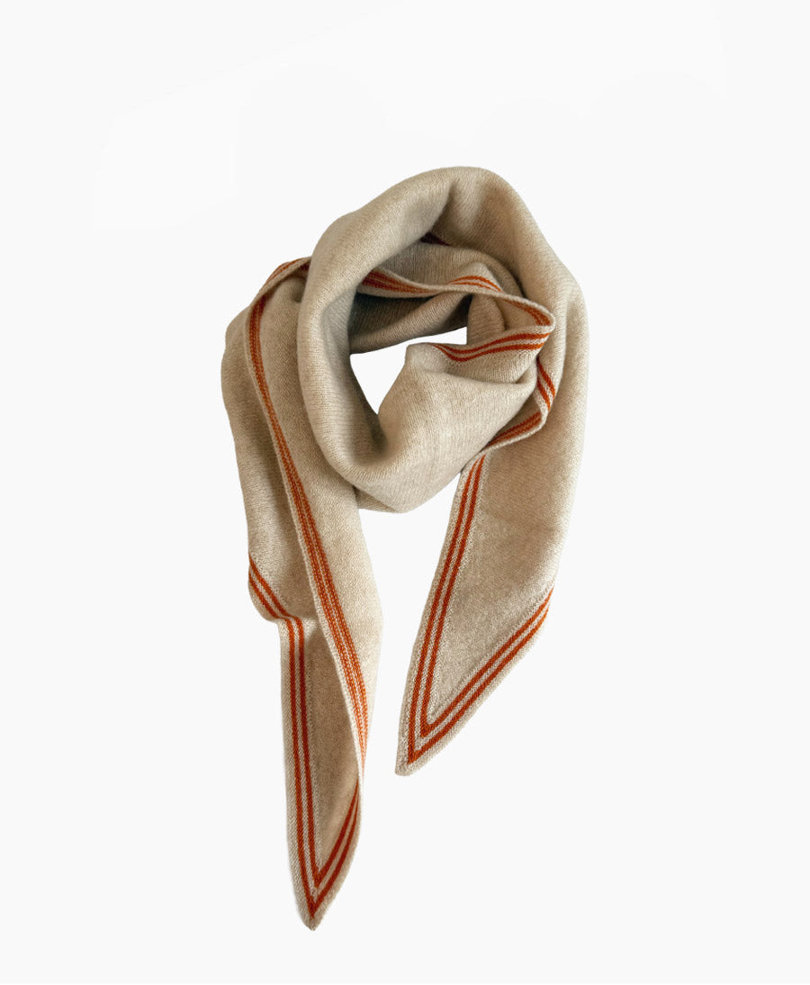 Kleiner Gestrickter Schal / Foulard aus Kaschmir - Creme / Orange