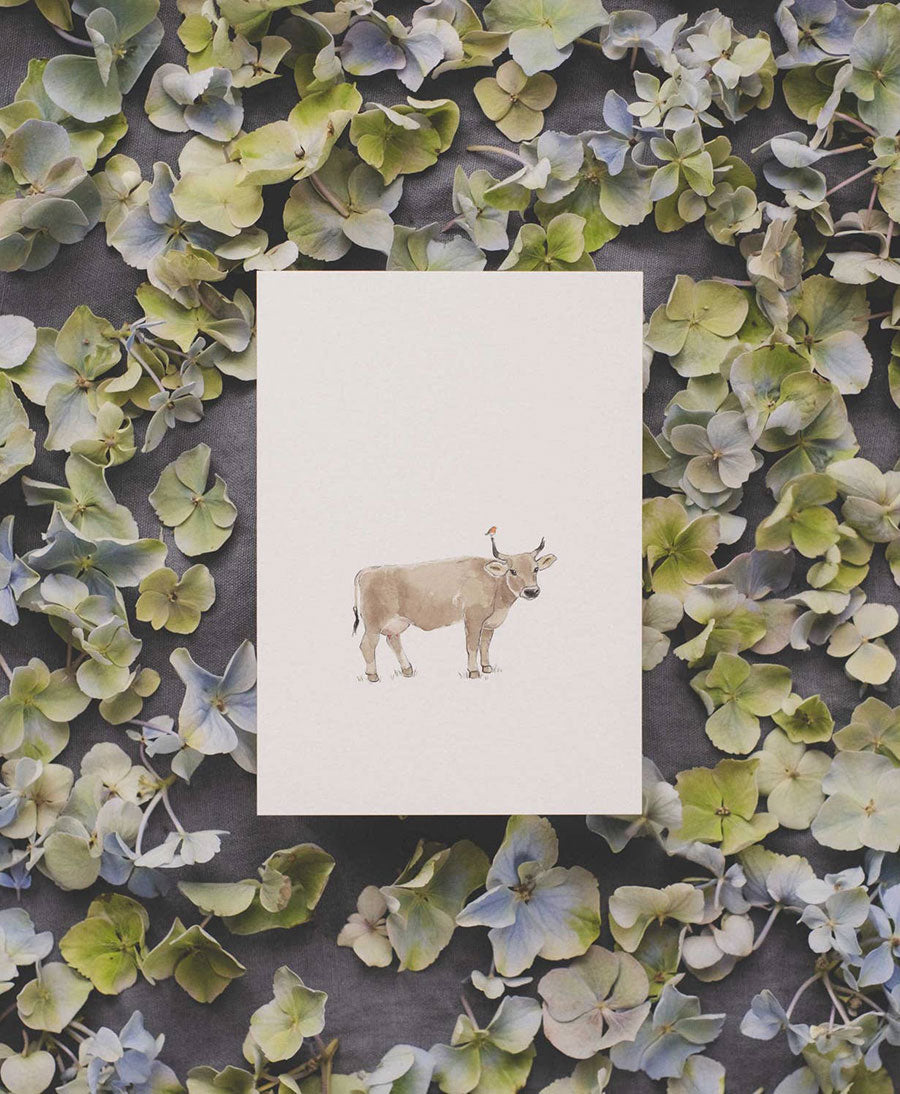 Postkarte "Kuh und Rotkehlchen"