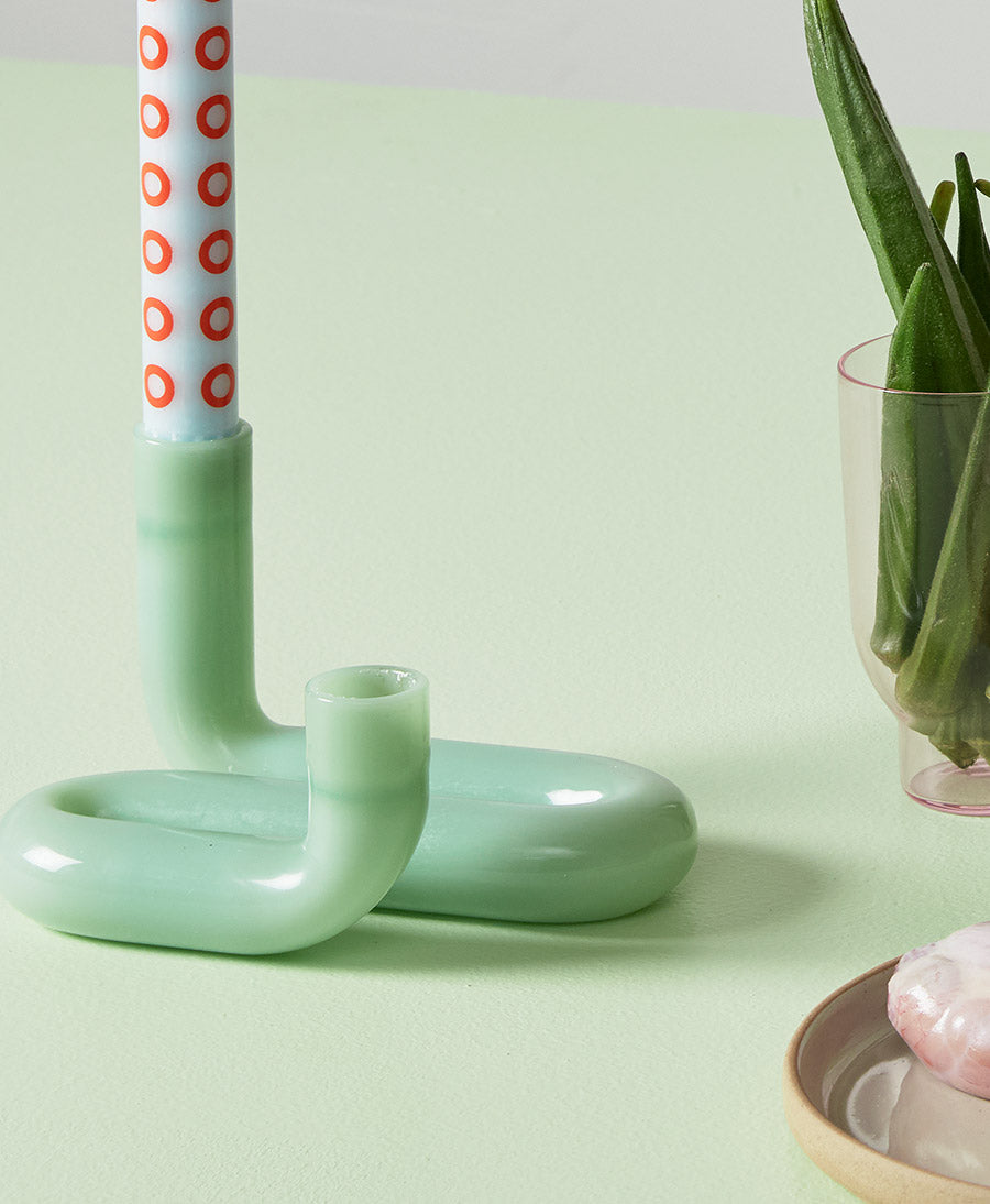Kerzenständer Wave aus Glas - Milky Jade