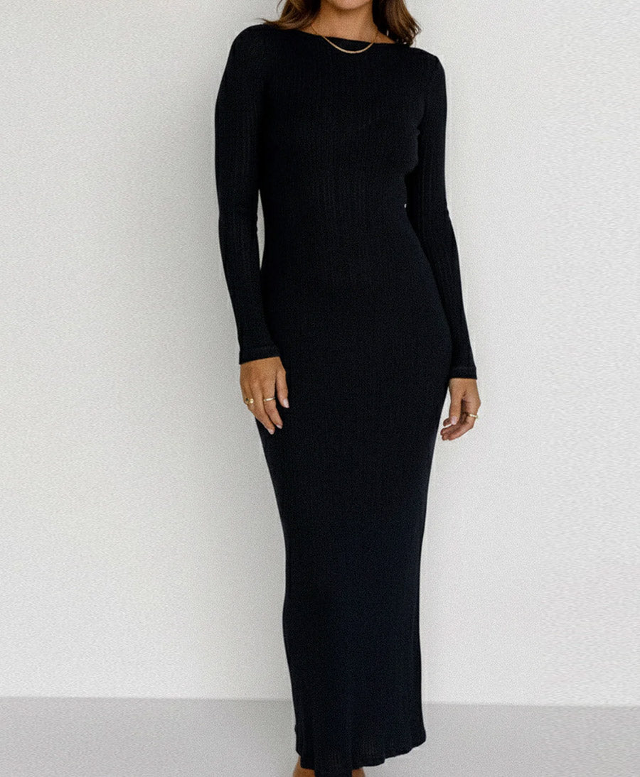 Tencel Langarm-Kleid - Schwarz