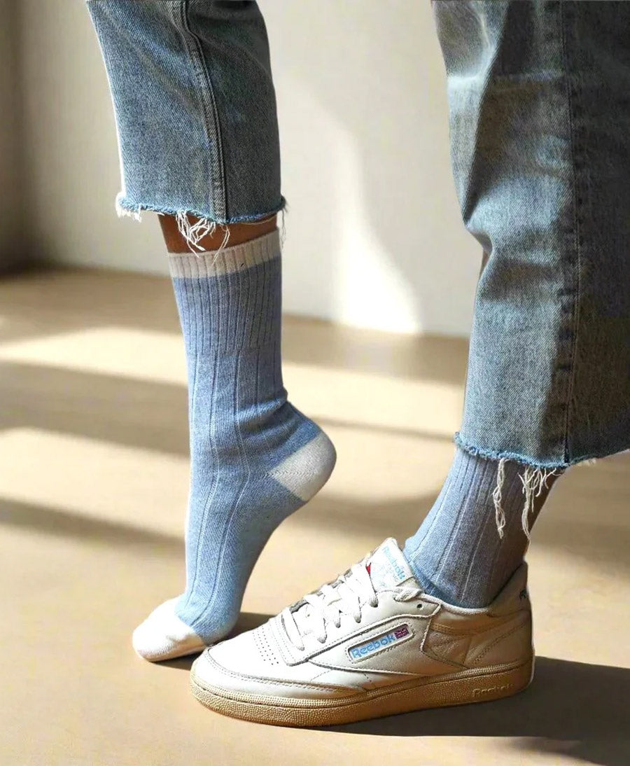 Socken Merinowolle mit Streifen - Hellblau / Creme