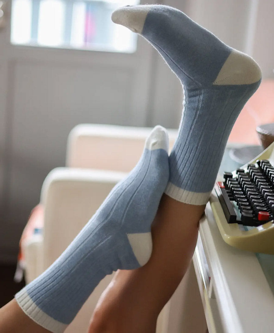 Socken Merinowolle mit Streifen - Hellblau / Creme