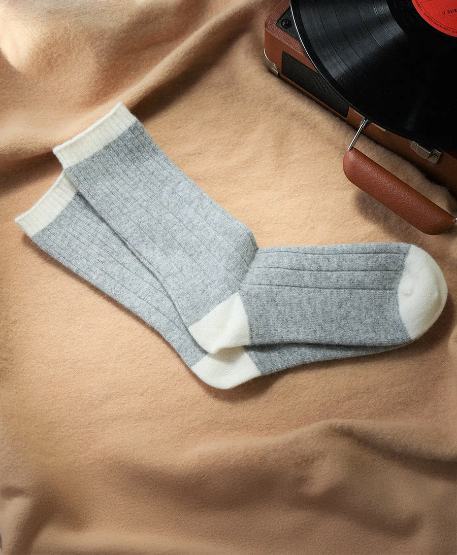Socken Merinowolle mit Streifen - Hellgrau / Creme